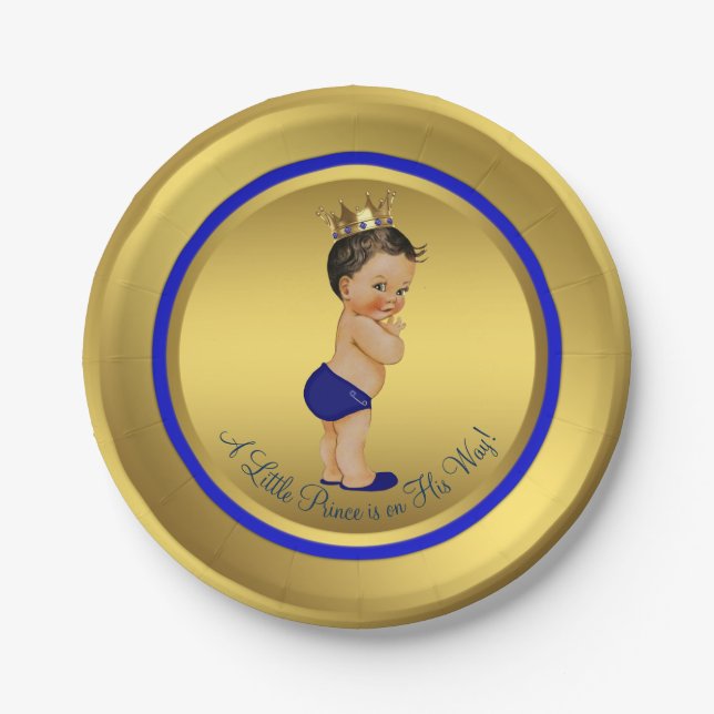 Blue Gold Hispanic Ethnic Prince Baby Shower Paper Plate (Front)
