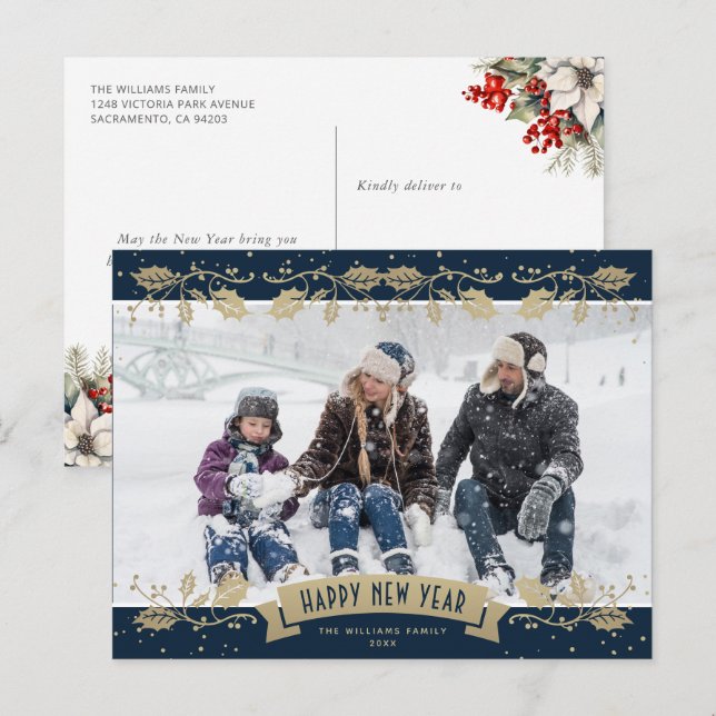 Blue Gold Holly Berries Photo Happy New Year Holiday Postcard (Front/Back)