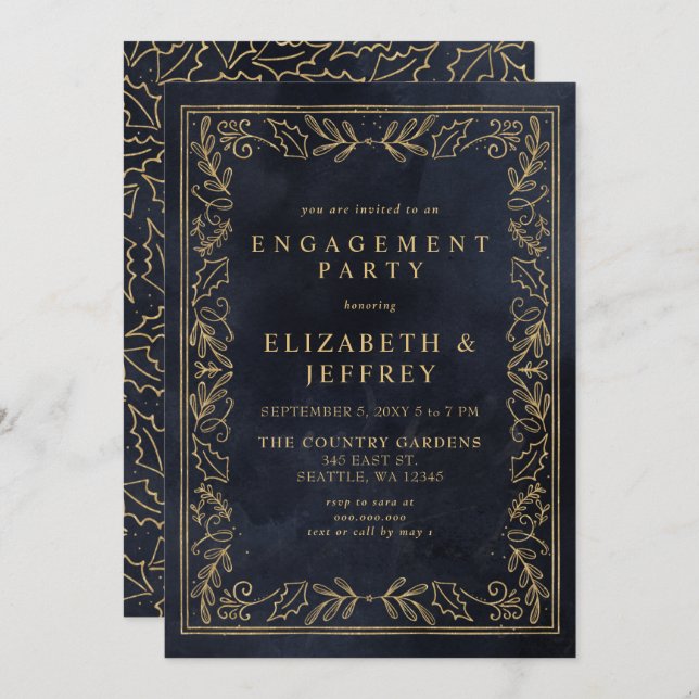 Blue Gold Holly Christmas Engagement Party  Invitation (Front/Back)