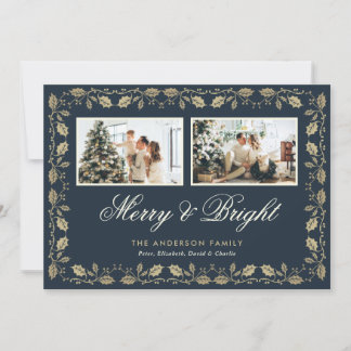 Blue Gold Holly Merry and Bright Photo Holiday Card