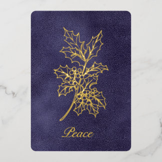 Blue Gold Holly Peace Script Non Photo Chrismas Foil Holiday Card