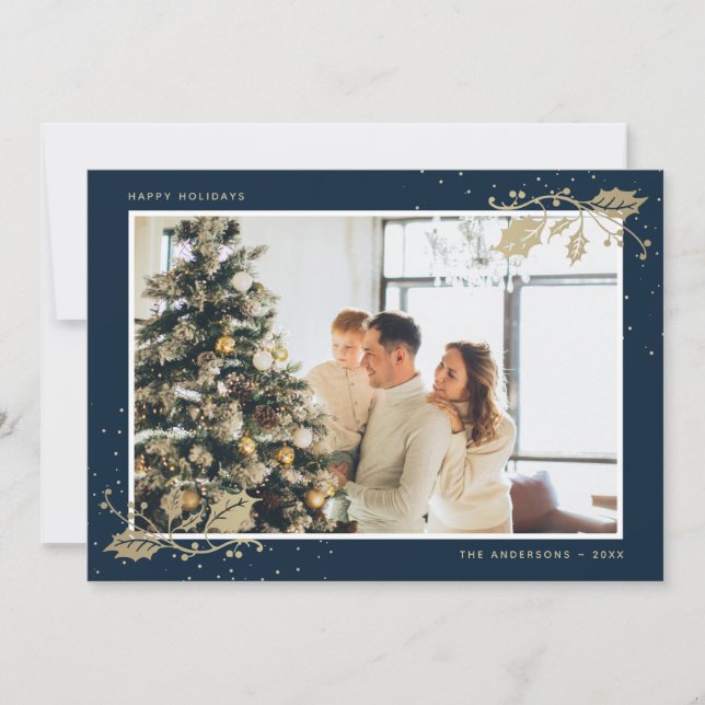 Blue Gold Holly Snowflakes Photo Christmas Holiday Card (Front)