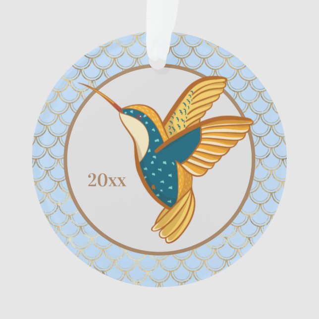Blue Gold Hummingbird Ornament (Front)