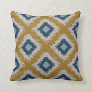 Blue Gold Ikat Pattern Tribal Diamond Editable Cushion
