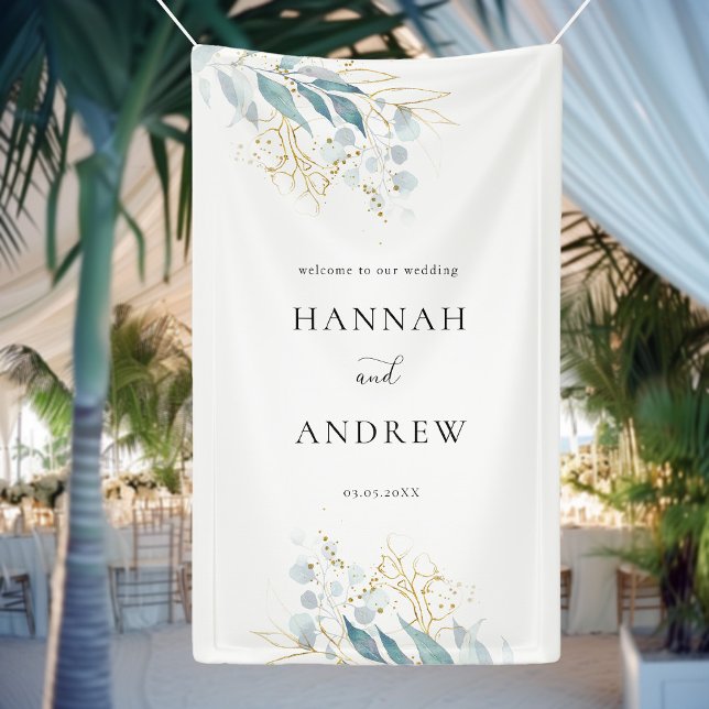 Blue Gold (Imitat)  White Wedding Collection Banner (Elegant Botanical Eucalyptus Blue Gold (Imitat) White Wedding Banner with your Name & Date.)