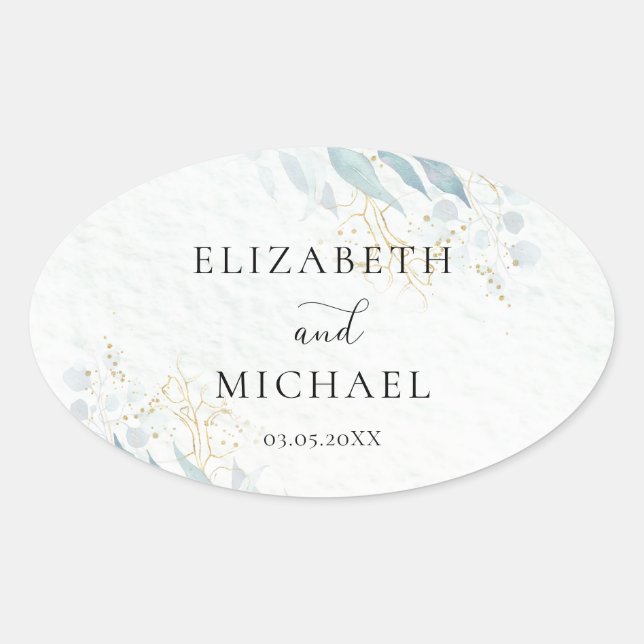 Blue Gold( Imitate ) Watercolor Wedding Collection Oval Sticker (Front)