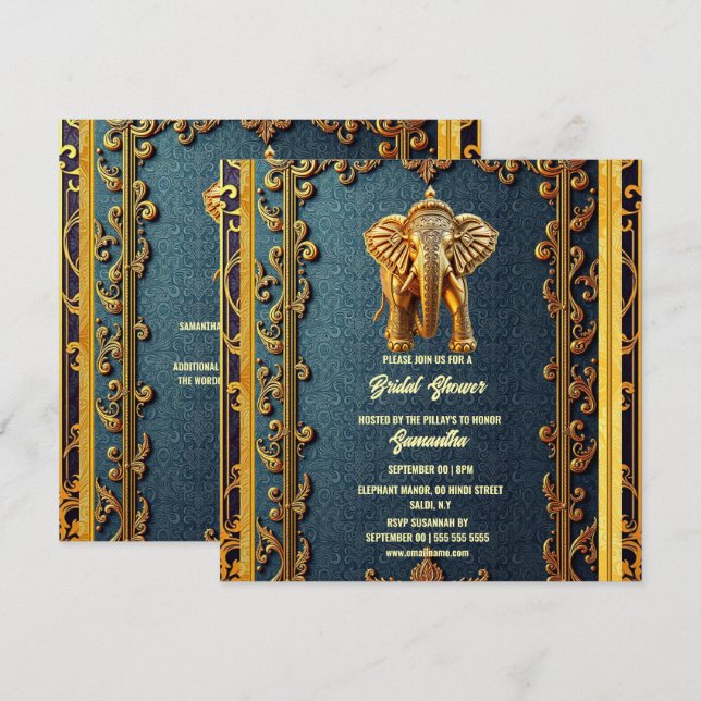 Blue gold indian elephant floral bridal shower holiday card (Front/Back)