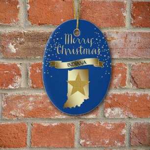 Blue Gold Indiana Star Ceramic Ornament