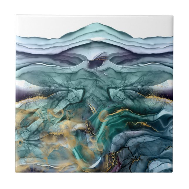 Blue gold ink abstract ceramic tile (Front)