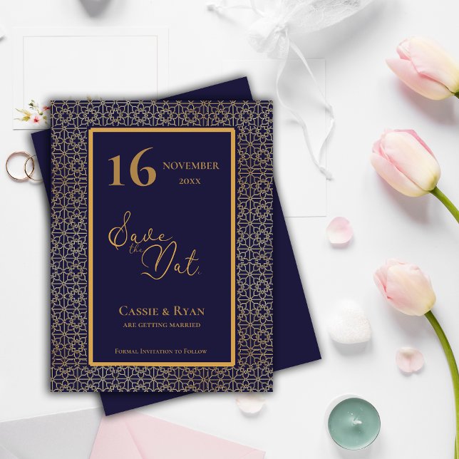 Blue Gold  Intricate Design Wedding Save the Date Invitation Postcard (Blue Gold Intricate Design Wedding Save the Date Invitation Postcard)