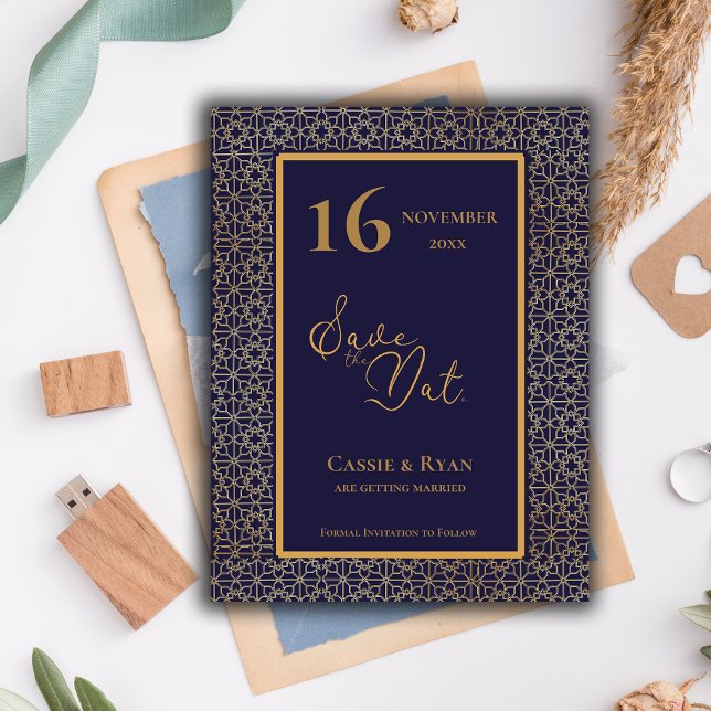 Blue Gold  Intricate Design Wedding Save the Date Postcard (Blue Gold Intricate Design Wedding Save the Date Postcard)