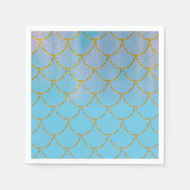 Blue & Gold Iridescent Shimmer Mermaid Party Napkin (Front)