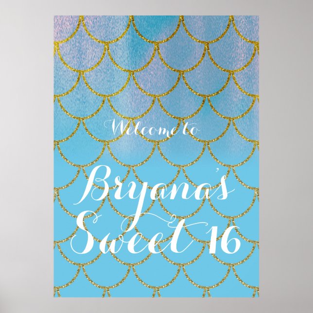 Blue & Gold Iridescent Shimmer Mermaid Party Poster (Front)