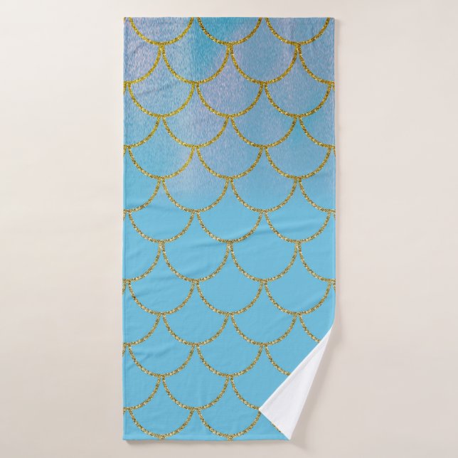 Blue & Gold Iridescent Shimmer Mermaid Scales Bath Towel Set (Bath Towel)