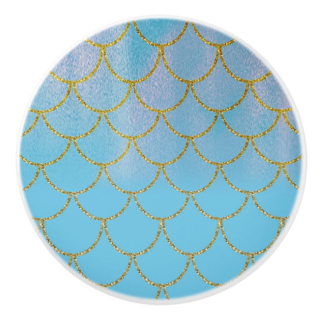 Blue & Gold Iridescent Shimmer Mermaid Scales Ceramic Knob (Front)