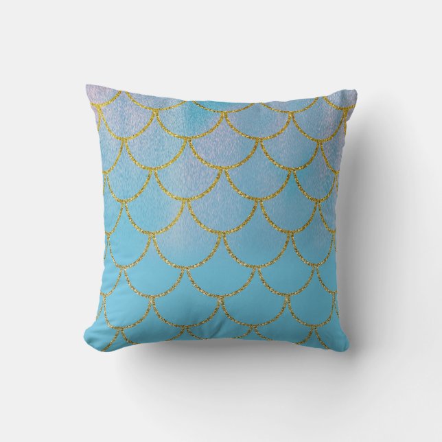 Blue & Gold Iridescent Shimmer Mermaid Scales Cushion (Front)