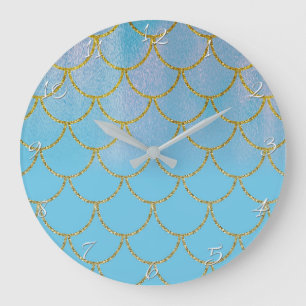Blue & Gold Iridescent Shimmer Mermaid Scales Large Clock