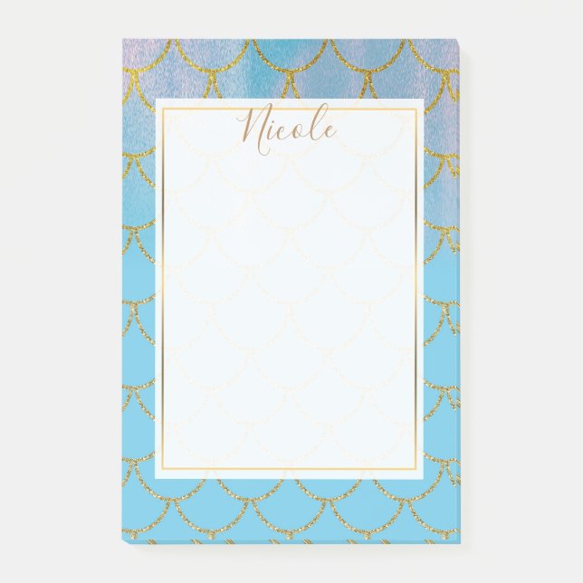 Blue & Gold Iridescent Shimmer Mermaid Scales Post-it Notes (Front)