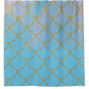 Blue & Gold Iridescent Shimmer Mermaid Scales Shower Curtain