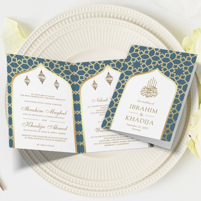 Blue Gold Islamic Pattern QR Code Muslim Wedding Invitation (Creator Uploaded)