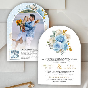 Blue Gold Ivory Floral Roses QR Code Photo Wedding Invitation