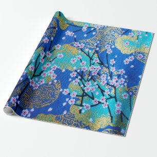 Blue Gold Japanese Cherry Blossom Decoupage  Wrapping Paper