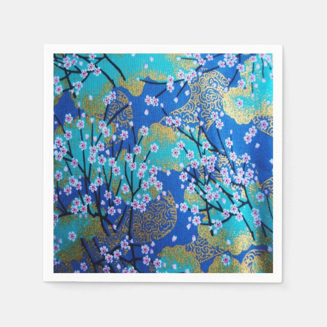Blue Gold Japanese Kimono Floral Decoupage Paper Napkin (Front)