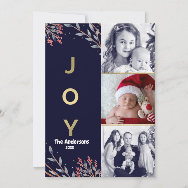 Blue & Gold JOY 3 Three Photo Holiday Christmas (Front)