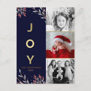 Blue & Gold JOY 3 Three Photo Holiday Christmas Postcard