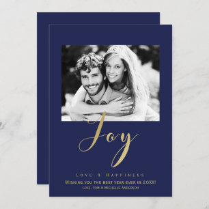 Blue & Gold JOY Holiday New Years Photo Invitation