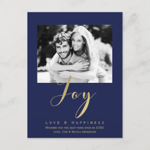 Blue Gold JOY Holiday New Years Photo Invitation Postcard