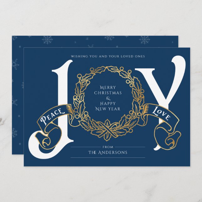 Blue Gold Joy Peace Love Custom Christmas Card (Front/Back)