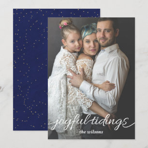 Blue Gold Joyful Tidings Script Custom Photo Holiday Card
