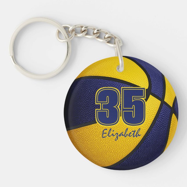 Blue gold kids teens team colours gifts basketball key ring (Front)