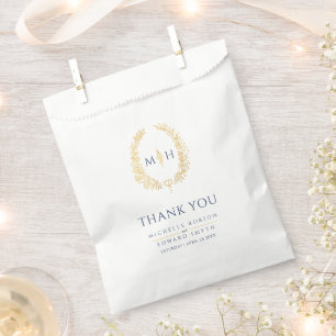 Blue gold leaf oval wreath art wedding thank you favour bag