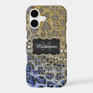 Blue Gold Leopard Animal Print Glitter Look Jewel