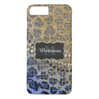 Blue Gold Leopard Animal Print Glitter Look Jewel
