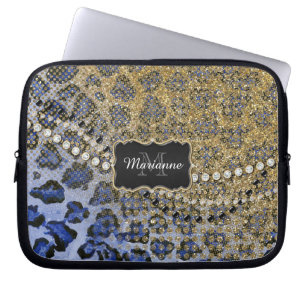 Blue Gold Leopard Animal Print Glitter Look Jewel Laptop Sleeve