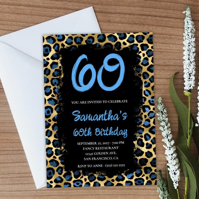 Blue Gold Leopard Painted Black 60th Birthday Invitation (Create your own blue and gold leopard birthday invitation.)