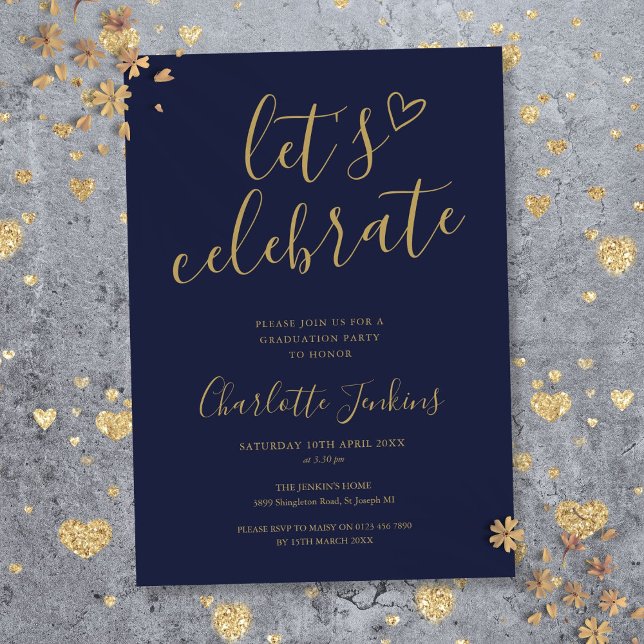 Blue Gold Let's Celebrate Script Graduation Party Invitation (Blue Gold Let's Celebrate Script Graduation Party Invitation)
