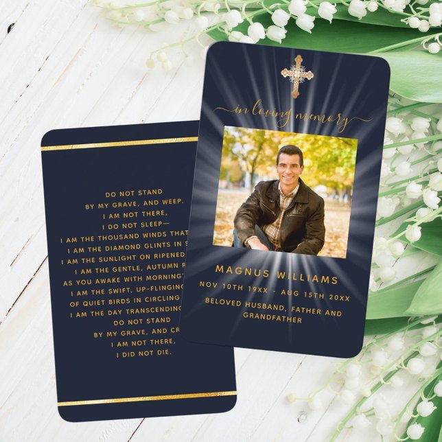 Blue gold light photo cross funeral prayer card (Creator Uploaded)