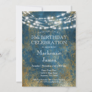 Blue Gold Lights Birthday Party Invitation Adult
