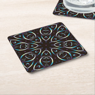 Blue Gold Lilac Glow Mandala Pattern Square Paper Coaster
