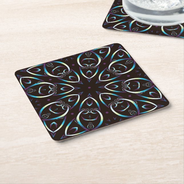 Blue Gold Lilac Glow Mandala Pattern Square Paper Coaster (Angled)