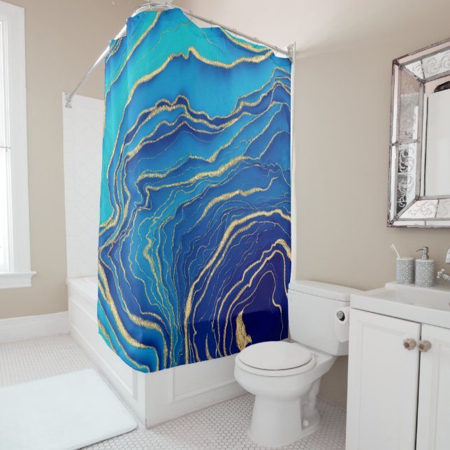 Blue Gold Liquid Painting Fluid Art Abstract Shower Curtain (In Situ)
