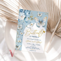 Blue Gold Little Butterfly Baby Shower Invitation
