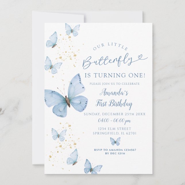 Blue Gold Little Butterfly is Turning One Birthday Invitation (Front)