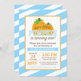 Blue Gold Little Pumpkin Boy First Birthday Invitation