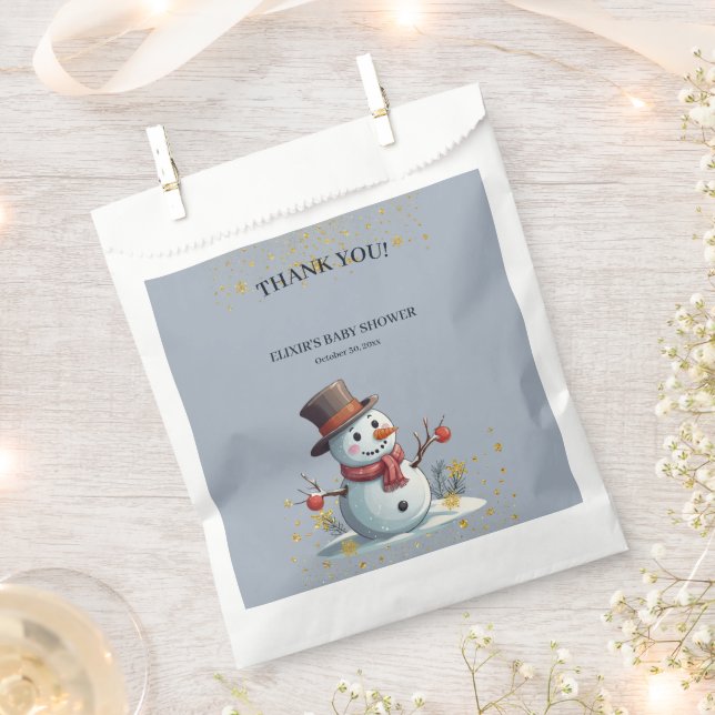 Blue & Gold Little Snowflakes Snowman Baby Shower Favour Bag (Clipped)
