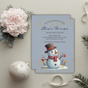Blue & Gold Little Snowflakes Snowman Baby Shower Invitation